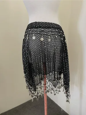 Black Sheer Polka Dot Fringe A-Line Skirt with Coin Trim thumbnail 2