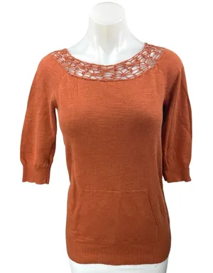 Rubbish Orange Knit Crochet Lace Half Sleeve Crew Neck Blouse Sweater Top Size M thumbnail 1