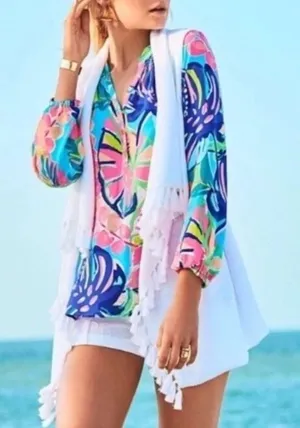 Lilly Pulitzer Sleeveless‎ Cardigan Vest Sz S White Fringe Cotton Resort Beach thumbnail 1