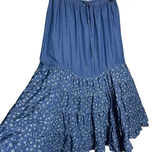 NWT EASEL Women’s Boho Blue Chambray Floral Print Tiered Maxi Skirt thumbnail 3