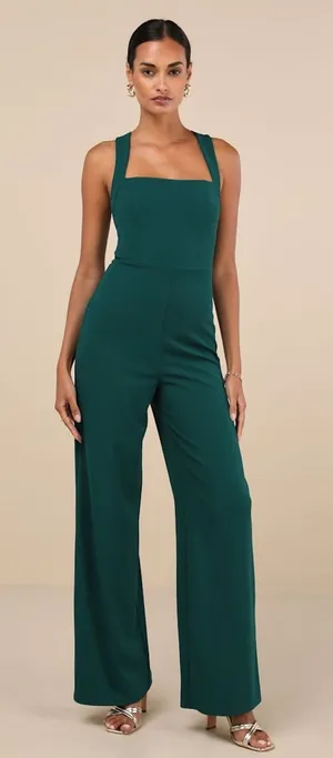 LULU’S Glamorous Dedication Dark Green Sleeveless Wide Leg Jumpsuit thumbnail 1