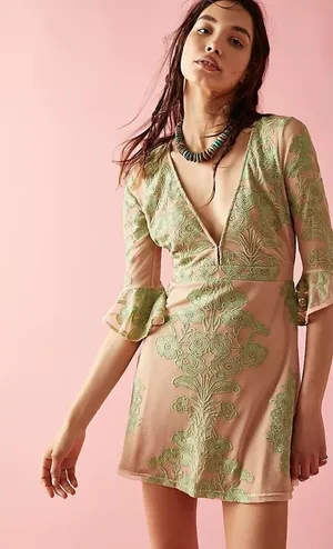For Love & Lemons Dress Womens Large Nude Green Floral Embroidered‎ Mini $298 thumbnail 1