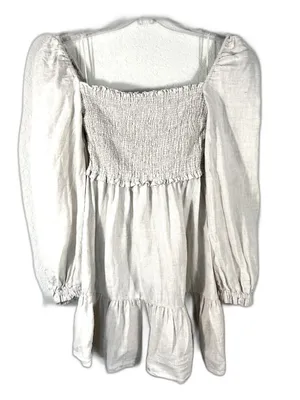 Aritzia Wilfred Tempest Natural Oatmeal Organic Linen Smocked Mini Dress S Boho thumbnail 1