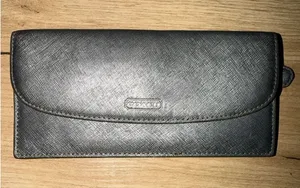 Coach Dark Gray Crossgrain Leather Continental Wallet Checkbook Snap Clutch READ thumbnail 1