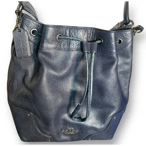 Coach Mickey Navy Blue Pebbled Leather Drawstring Bucket Bag Crossbody Classic thumbnail 3