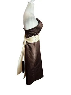 Bill Levkoff Chocolate Brown Satin Strapless Fit Flare Midi Dress Ivory Sash 6 thumbnail 4