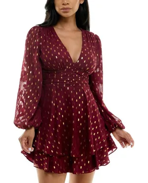 NWT B. Darlin Double Tiered Chiffon Sheer Puff Sleeve Dress Wine Red / Gold 1/2 thumbnail 1