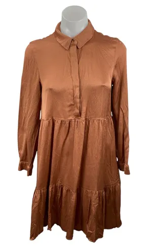 Zara Women's Brown Long Sleeve Button Front Tiered A Line Mini Dress Size XS thumbnail 1