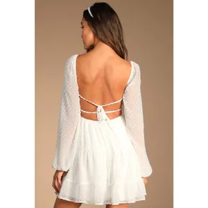 NWT Lulus Longing And Love White Swiss Dot Puff Long Sleeve Mini Dress Wedding L thumbnail 3