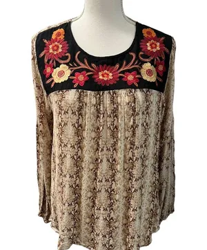 Savanna Jane Boho Floral Embroidered Gold Thread Long Sleeve Fall Blouse Size L thumbnail 2