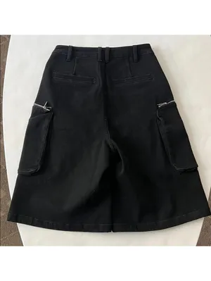 Black Y2K Skater Grunge Goth Edgy Long Cotton Denim Bermuda Shorts Zip Cargo S thumbnail 5