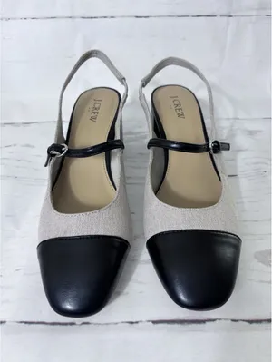 J. Crew Mary Jane Slingback Heels Cap Toe Block Heel Tweed Black Tan Sz 11 thumbnail 3