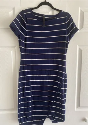 Andrew Marc Striped Sweater Dress Womens Size L Navy Blue Nautical Cotton Wrap thumbnail 1