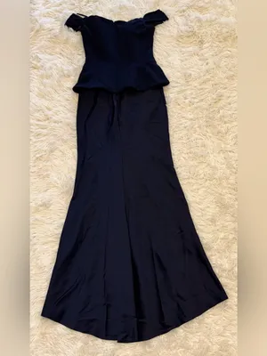 NEW Betsy & Adam Off the Shoulder Mixed Media Satin Navy Gown Sz 4 thumbnail 6