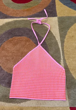 Zara Pink Orange Textured Low Back Halter Crop Tank Top Women’s Size Small thumbnail 1