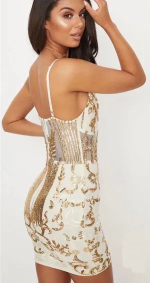 PRETTYLITTLETHING Gold Sheer Strappy Sequin Bodycon Dress thumbnail 2