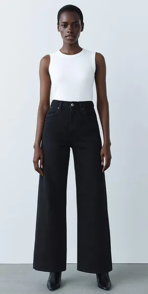 Zara Women's Black High Waisted Wide Leg Baggy Palazzo Denim Jeans Pants Size 0 thumbnail 7
