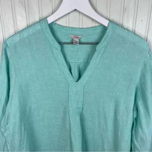 L.L. Bean Premium Washable Linen Long Tunic Top Size Large 100% Linen Fair Aqua thumbnail 3
