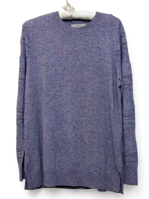 LOFT Pointelle Chevron Sleeve Crewneck Heather Lilac Pullover Wool Blend Sweater thumbnail 2