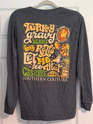 Southern Couture Turkey Thanksgiving Fall Long Sleeve Gray Cotton T-shirt Small thumbnail 3