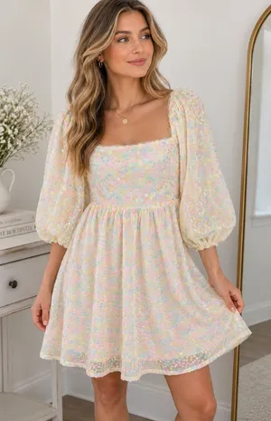 Altar’d State Pastel Floral Sequin Mesh Mini Dress Size M NWOT thumbnail 1