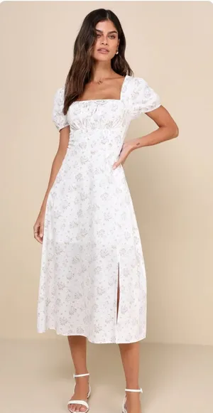Lulus Womens Darling Appeal Floral Puff Sleeve Cottagecore Milkmaid Midi Dress L thumbnail 1