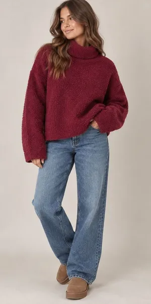 Lulus Womens Burgundy Fuzzy Knit Cropped Turtleneck Sweater Size M Wool Blend thumbnail 1