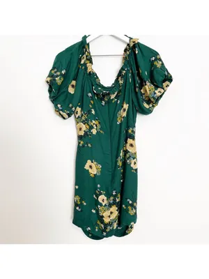 Urban Outfitters Dress Size 2 Green Floral Puff Sleeve Off Shoulder Mini Cottage thumbnail 10
