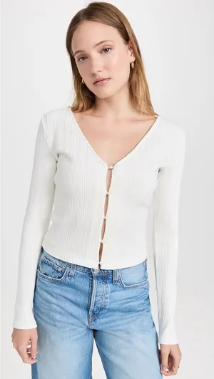 VINCE Pearl Button Cardigan Sweater Off White Ribbed Cropped V Neck‎ X-Large thumbnail 1