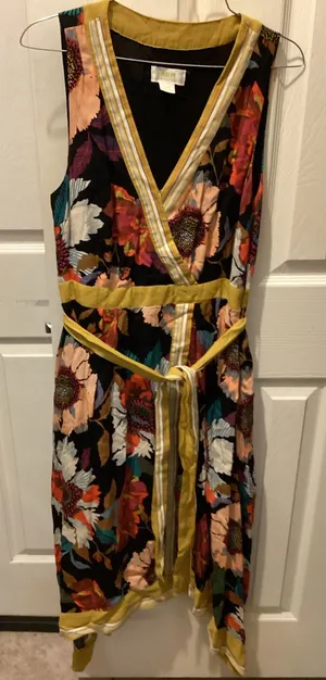Maeve Black Floral High-Low Wrap Dress with Yellow Trim thumbnail 1