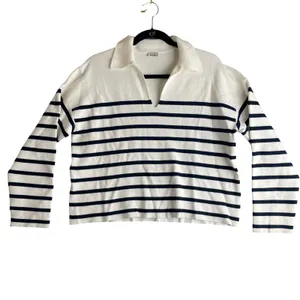 Pimkie Collection Striped Collared Knit Sweater Womens Size‎ S Cream Navy thumbnail 2