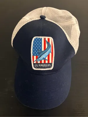 Magellan Outdoors Navy and White Trucker Hat with Marlin Patch thumbnail 1