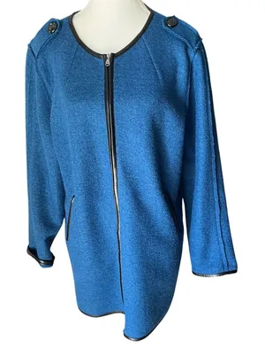 Chicos Boiled Wool Jacket Womens Sz‎ 2 L Blue Faux Leather Trim Zip Front Blazer thumbnail 1