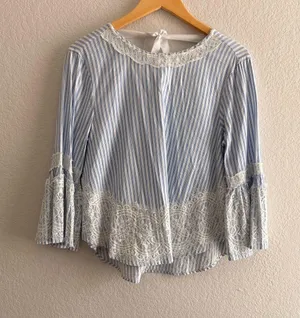 Zara Blue and White Striped Lace Blouse thumbnail 1
