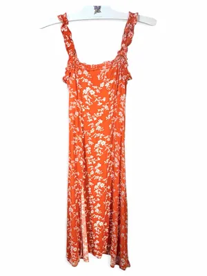 LULUS Women’s Garden Date Red Orange Floral Print Ruffle Midi Dress size XXS thumbnail 4