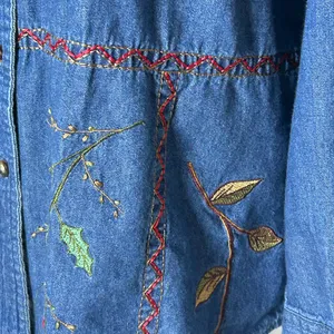 90’s Embroidered Denim Button Down Shirt with Holiday Berries, Leaves, sz Medium thumbnail 7