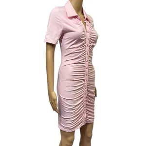Source Unknown Pink Ruched Bodycon Full Button Front Short Sleeve Mini Dress Womens Small thumbnail 4