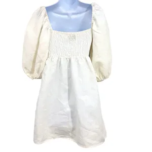 Tuckernuck Annie Mini Dress Womens XS Ivory‎ Linen Smocked Puff Sleeve Romantic thumbnail 5