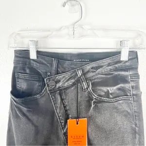 RISEN High Rise Crossover Released Frayed Hem Two Tone Black Wash Denim Jeans 25 thumbnail 11