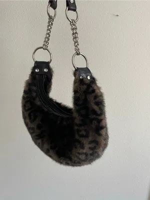 Leopard Print Faux Fur Shoulder Bag with Chain Strap - Brown thumbnail 6