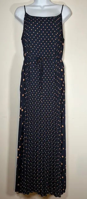 Banana Republic Maxi Dress Navy Blue Polka Dot Pleated Sleeveless Fall Wedding 4 thumbnail 1