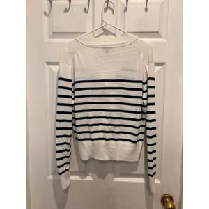 J.Crew Womens Large White Navy Blue Striped Cotton Viscose‎ Cardigan Sweater L thumbnail 5