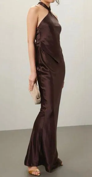 Retrofête Ester Dress brown satin halter Macy dress open back size Large thumbnail 1