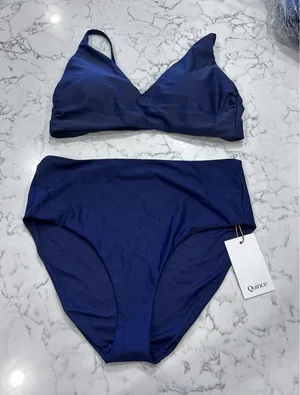 New Quince Deep Navy Italian V Neck Bikini Top & High Rise Bottom Set Size Large thumbnail 1