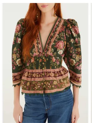 Farm Rio Flowering Garden Tree Linen Blend Top thumbnail 1