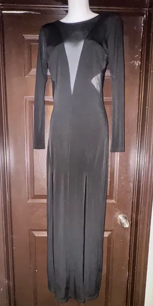 ASOS DESIGN LongSleeve Black Mesh Cutout Plunge Bodycon Dress Sz 6 Elegant thumbnail 1