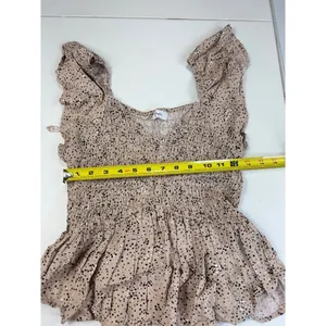 Japna‎ Ruffled Sleeve Smocked Peplum Top, Beige and Black Polka Dot, Square Neck thumbnail 3