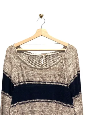Free People So Perfectly Yours Striped Sweater Beige Size L Beach Coastal Boho thumbnail 6