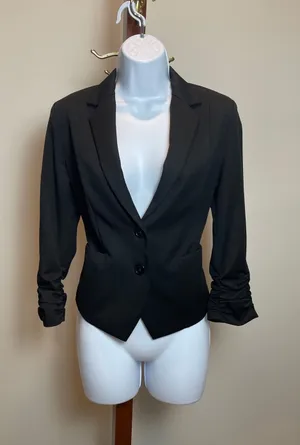 Express Black Single‑Breasted Ruched Sleeve Suit Jacket Size 4 thumbnail 1