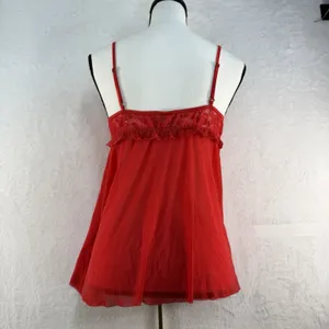 Y2K Victorias Secret XL Sheer Lace Babydoll Top Red Festival Stretch Romantic‎ thumbnail 4
